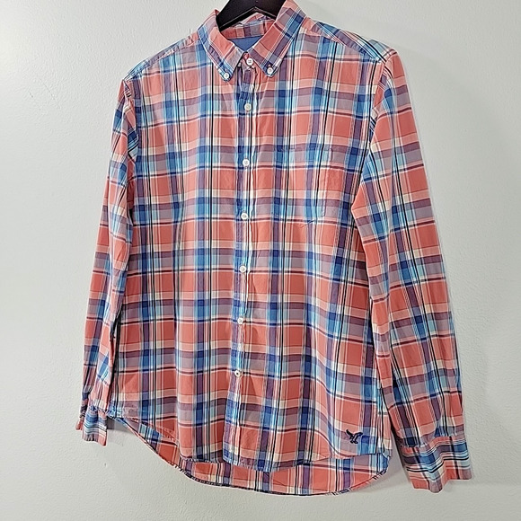 American Eagle Men’s Button Down Shirt Medium Plaid Long Sleeve Logo Casual - Picture 2 of 8